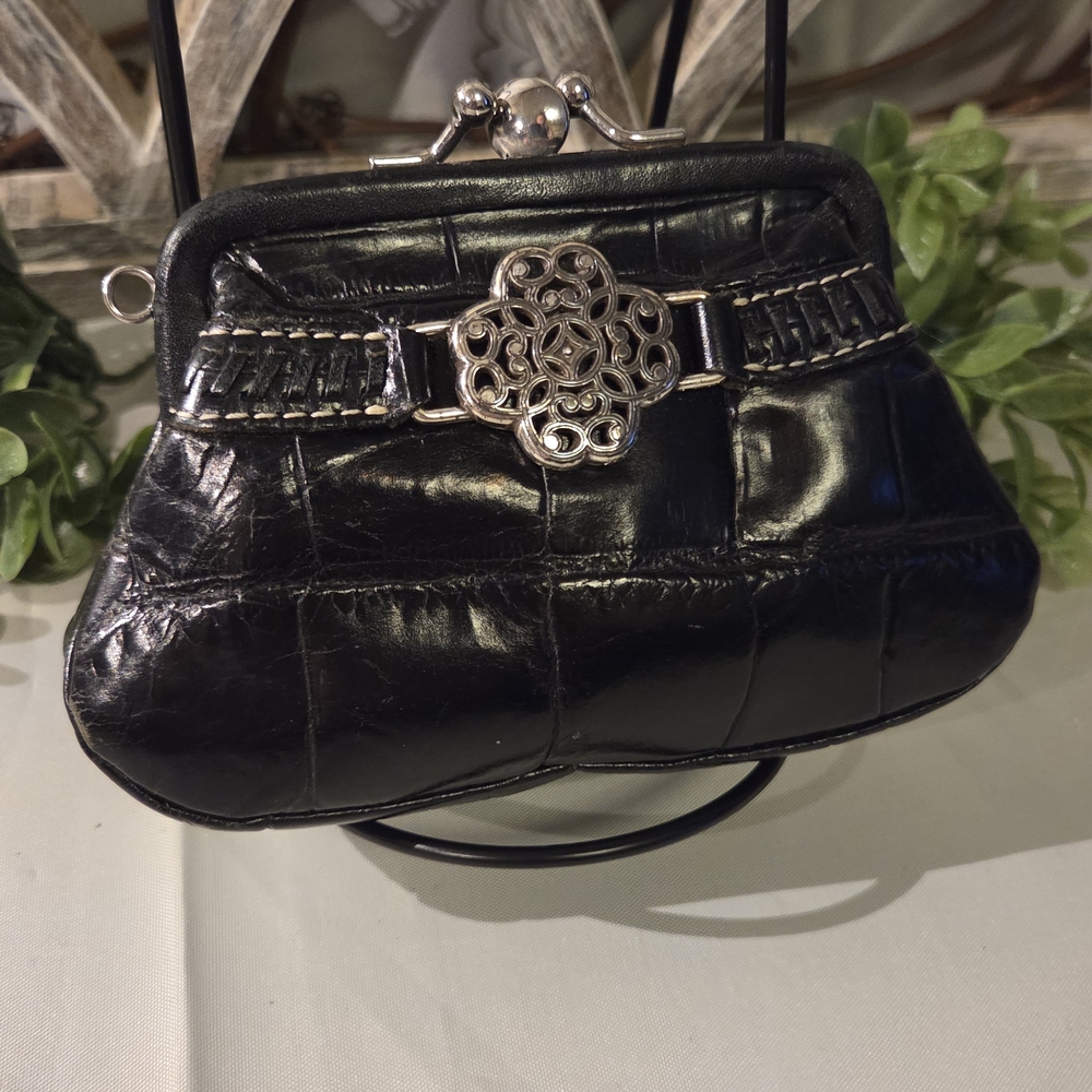 Brighton ~Black Croc-Embossed Leather Kiss-Lock Shoulder Bag